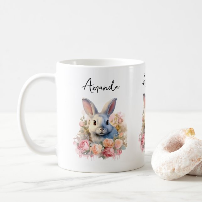 Bunny with a Garland of Roses Cute Coffee Mug (With Donut)