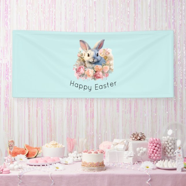 Bunny with a Garland of Roses Cute Easter Banner (Party)
