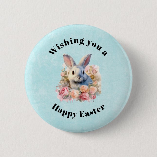 Bunny with a Garland of Roses Cute Easter Button (Front)