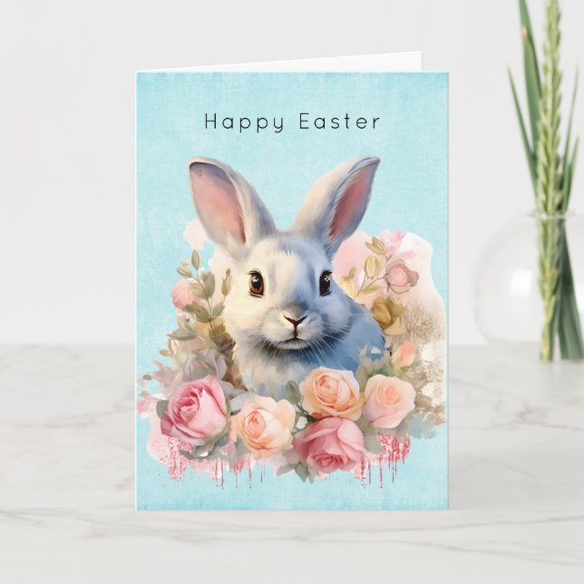 Bunny with a Garland of Roses Cute Easter Holiday Card (Front)