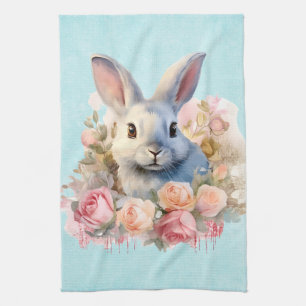 Bunny with a Garland of Roses Cute Kitchen Towel