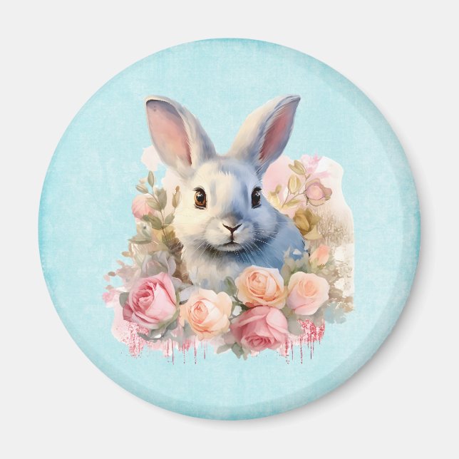  Bunny with a Garland of Roses Cute Magnet (Front)