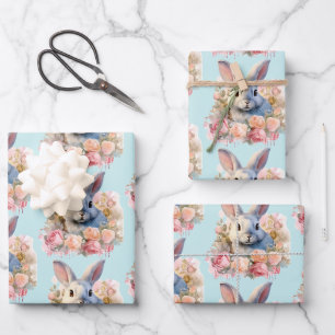 Bunny with a Garland of Roses Cute Pattern Wrapping Paper Sheets