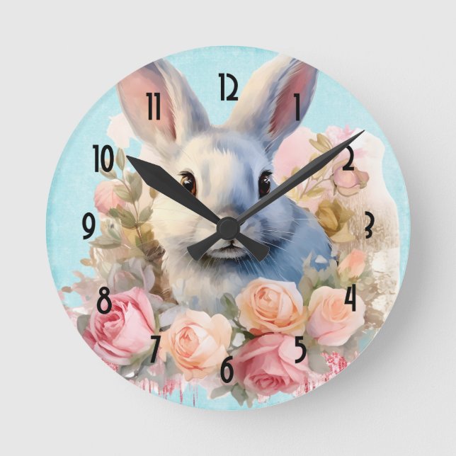 Bunny with a Garland of Roses Cute Round Clock (Front)