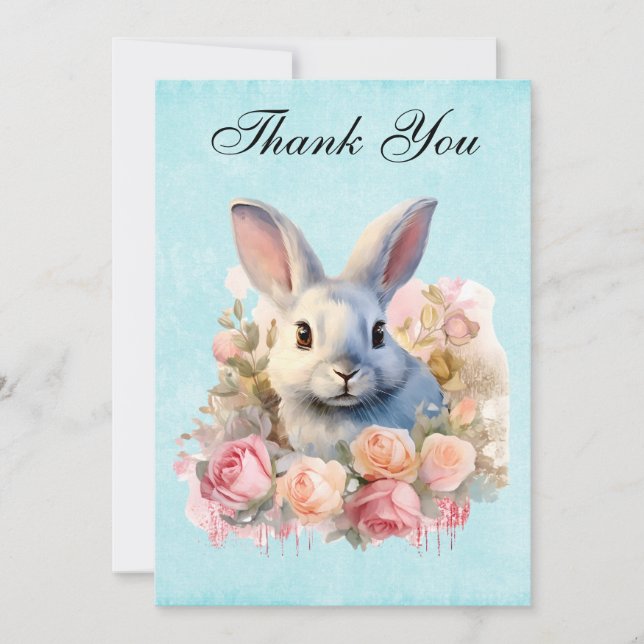 Bunny with a Garland of Roses Cute Thank You Card (Front)