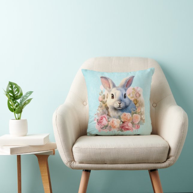  Bunny with a Garland of Roses Cute Throw Pillow (Chair)