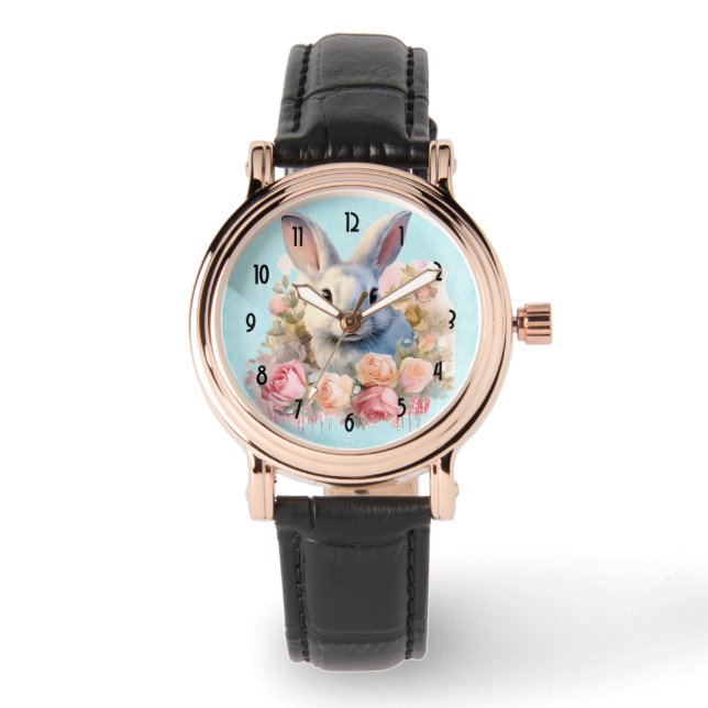 Bunny with a Garland of Roses Cute Watch (Front)