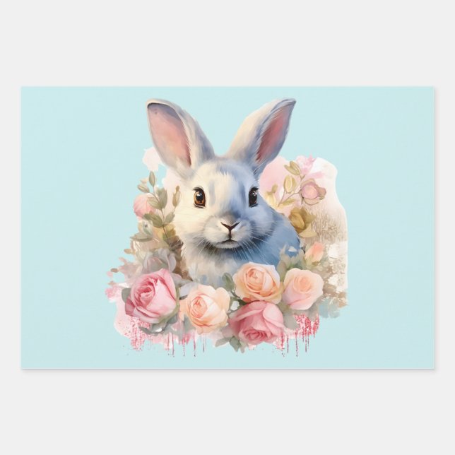 Bunny with a Garland of Roses Cute Wrapping Paper Sheets (Front)
