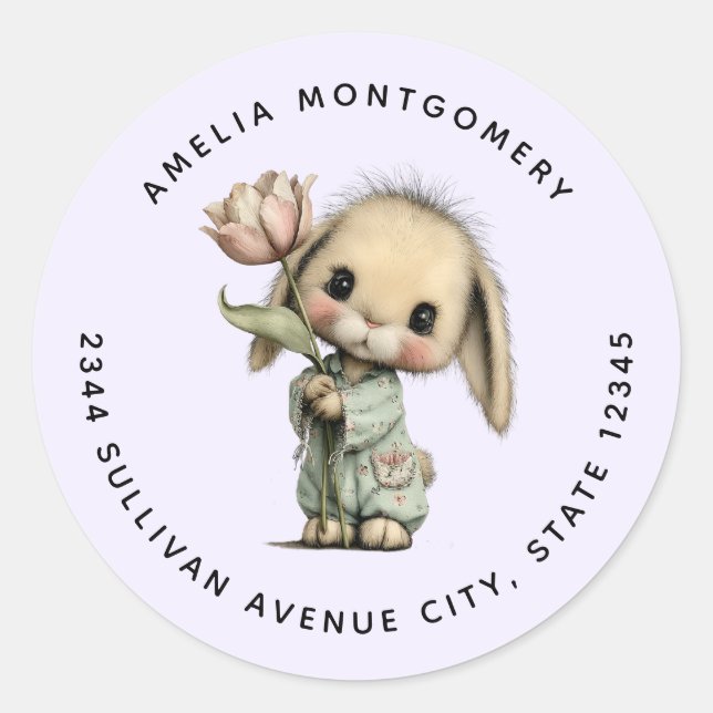 Bunny with a Tulip Light Purple Back - Address Classic Round Sticker (Front)