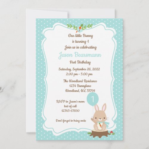 Bunny with balloon woodland birthday blue invite