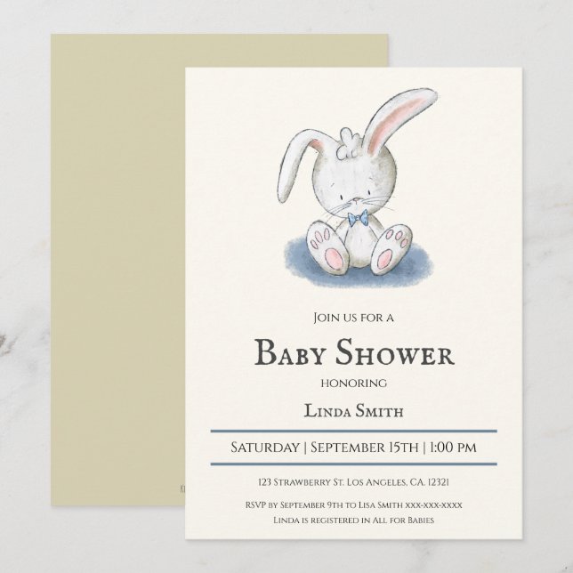 Bunny with Blue Bow Tie Boy Baby Shower Invitation (Front/Back)