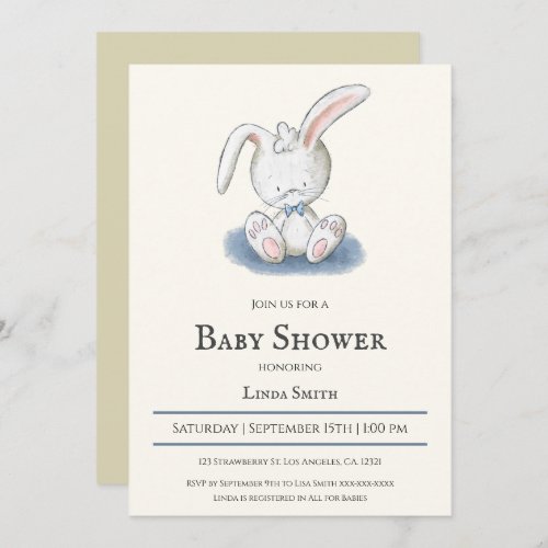 Bunny with Blue Bow Tie Boy Baby Shower Invitation