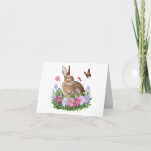 Bunny with Butterfly and Field of Flowers BLANK Card