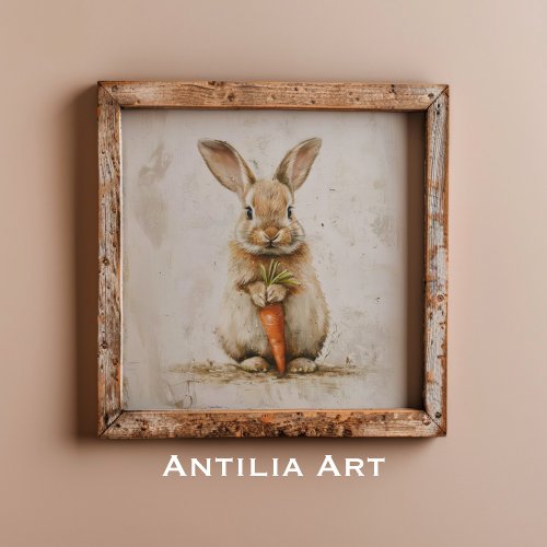 Bunny with Carrot Painting Whimsical Rabbit Art Poster