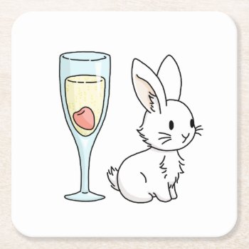 Bunny With Champagne Square Paper Coaster by bunnieswithstuff at Zazzle