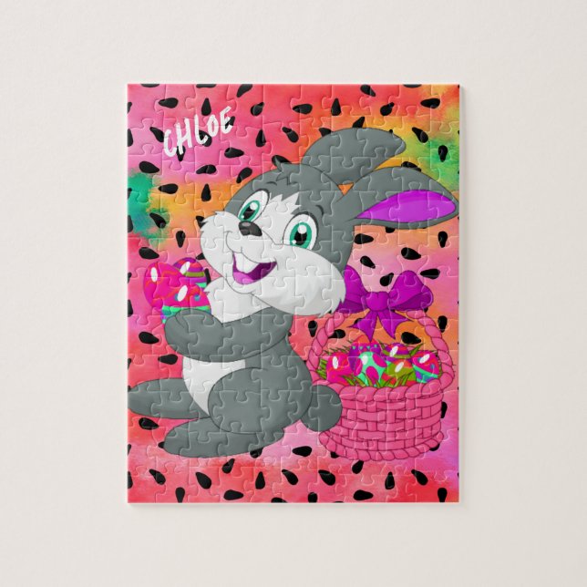BUNNY WITH COLORED EGGS IN BASKET JIGSAW PUZZLE (Vertical)