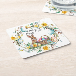 Bunny with decorative eggs I floral Easter Square Paper Coaster