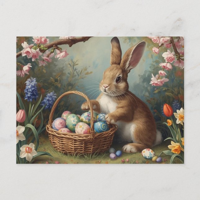 Bunny with Easter Egg Basket and Spring Garden  Holiday Postcard (Front)