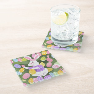bunny with easter eggs glass coaster