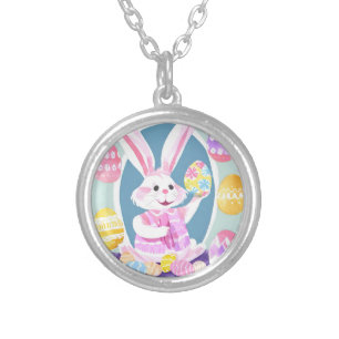 bunny with easter eggs silver plated necklace