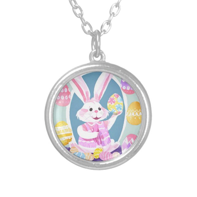bunny with easter eggs silver plated necklace (Front)