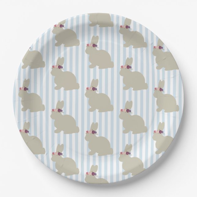 Bunny with Flower Blue Stripe Paper Plates (Front)