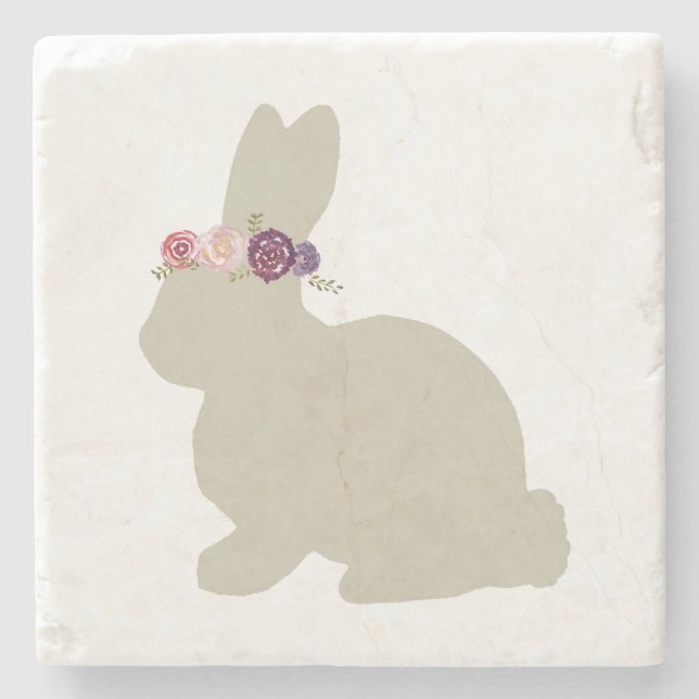 Bunny with Flowers Painting Easter Stone Coaster (Front)