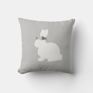 Bunny with Flowers Painting Gray Throw Pillow