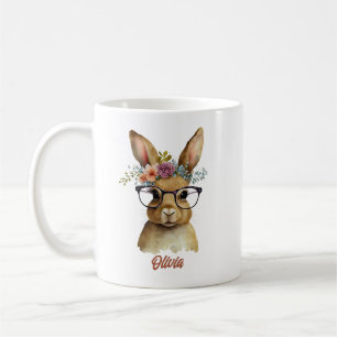 Bunny With Glasses Flowers Crown watercolor Design Coffee Mug
