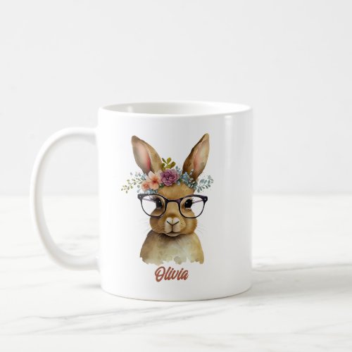 Bunny With Glasses Flowers Crown watercolor Design Coffee Mug