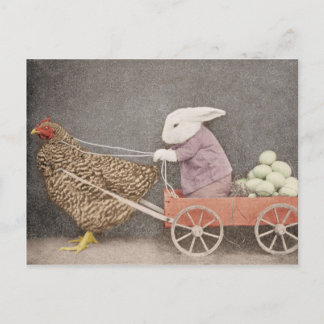Bunny with his chicken cart postcard