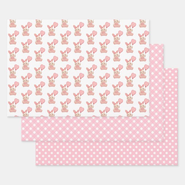 Bunny with Pink Balloon  Wrapping Paper Sheets (Set)