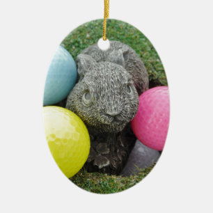 Bunny with pink blue yellow egg ceramic ornament