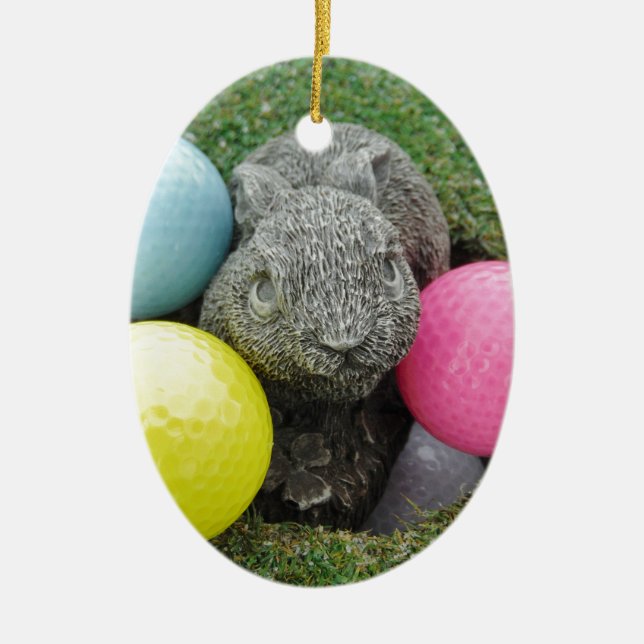 Bunny with pink blue yellow egg ceramic ornament (Front)