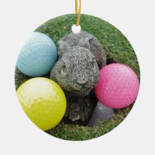 Bunny with pink blue yellow egg ceramic ornament