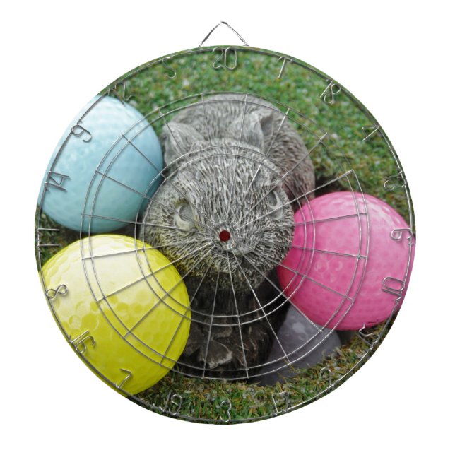 Bunny with pink blue yellow egg dartboard with darts (Front)