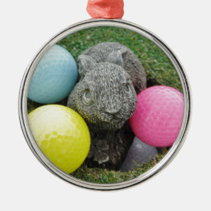 Bunny with pink blue yellow egg metal ornament