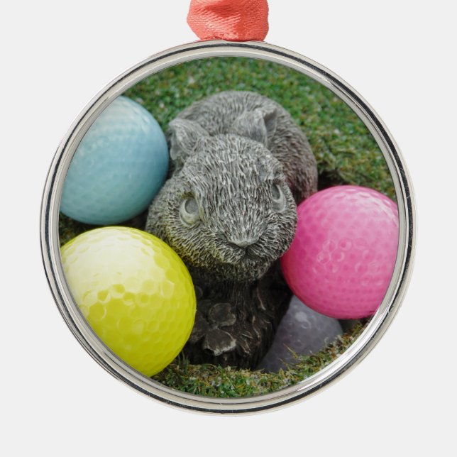 Bunny with pink blue yellow egg metal ornament (Front)
