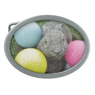 Bunny with pink blue yellow egg oval belt buckle