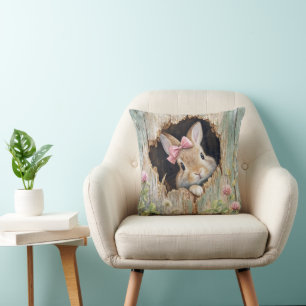 Bunny with Pink Bow in Fence Hole Throw Pillow
