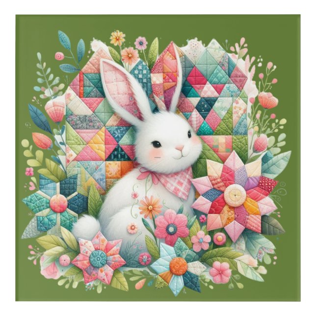 Bunny with Quilt and Flowers Acrylic Print (Front)