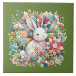 Bunny with Quilt and Flowers Ceramic Tile