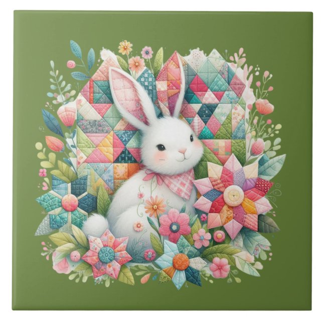 Bunny with Quilt and Flowers Ceramic Tile (Front)