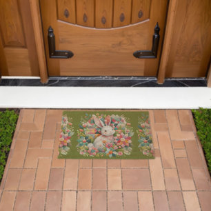 Bunny with Quilt and Flowers Fiber Doormat