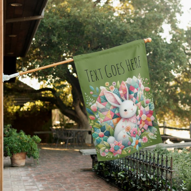 Bunny with Quilt and Flowers House Flag (In SItu)