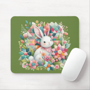 Bunny with Quilt and Flowers Mouse Pad