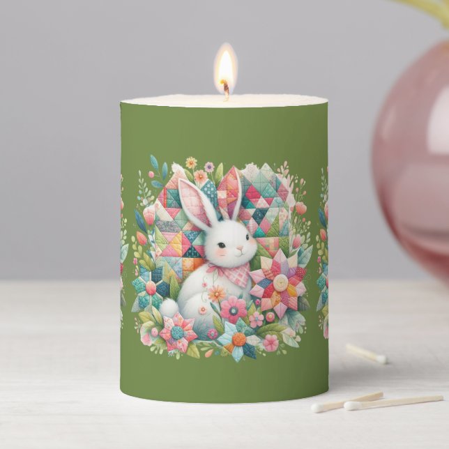 Bunny with Quilt and Flowers Pillar Candle (In Situ)