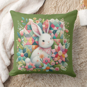 Bunny with Quilt and Flowers Throw Pillow