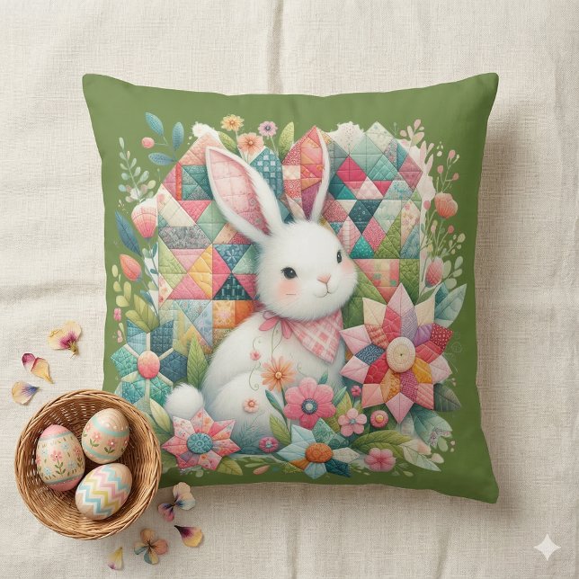Bunny with Quilt and Flowers Throw Pillow (Bunny with Quilt and Flowers Throw Pillow Mockup A)