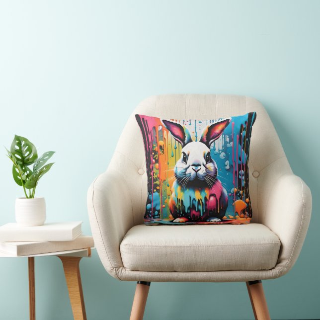 Bunny with splatters throw pillow (Chair)